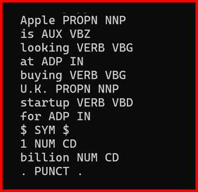Picture showing the output of parts of speech tagging in spacy
